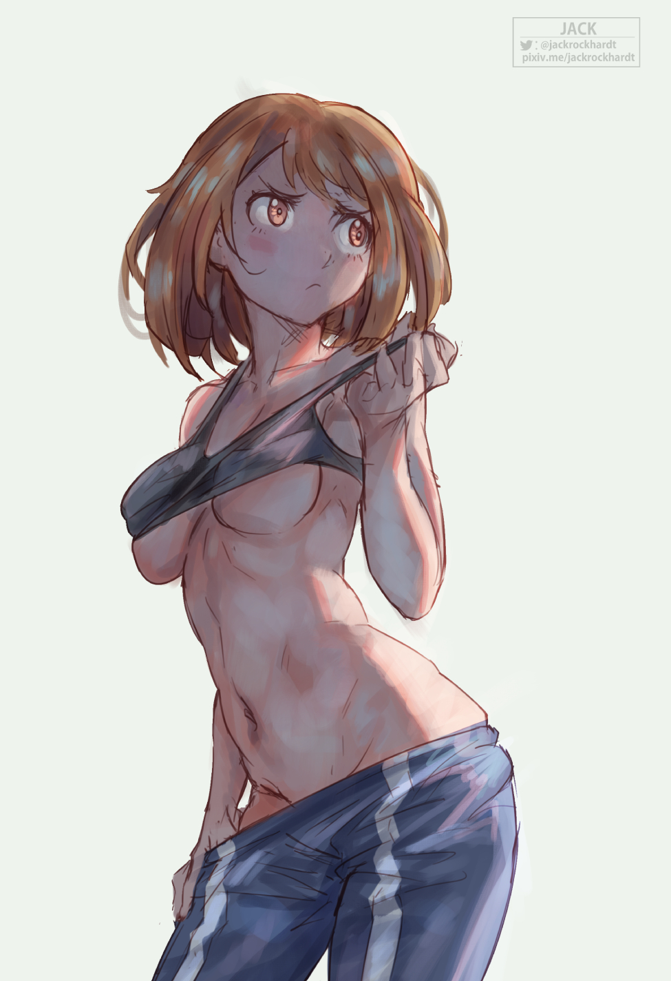 1girls, breasts, brown hair, brown-haired female, brunette, cleavage, female, female only, innie belly button, jackrockhardt, light skin, light-skinned female, my hero academia, ochako uraraka, schoolgirl, short hair, solo, sports bra, toned, toned belly, toned female, toned stomach, underboob