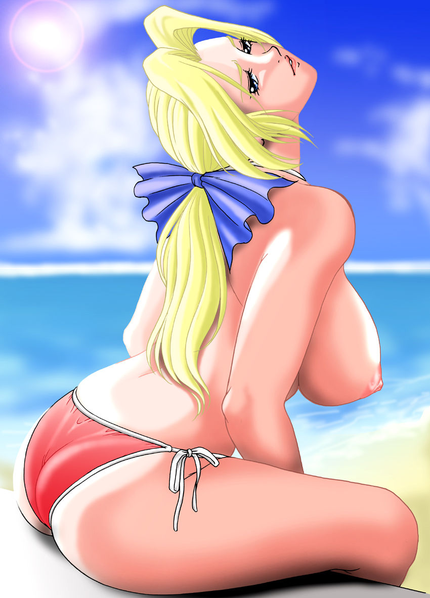 areolae beach big_breasts bikini bikini_bottom blonde_hair blue_eyes breasts busty dead_or_alive dead_or_alive_xtreme_beach_volleyball erect_nipples female female_focus female_only garakuta-ya helena_douglas hourglass_figure large_breasts long_hair nipples outdoors outside pinup pinup_pose ponytail sideboob tagme topless wide_hips