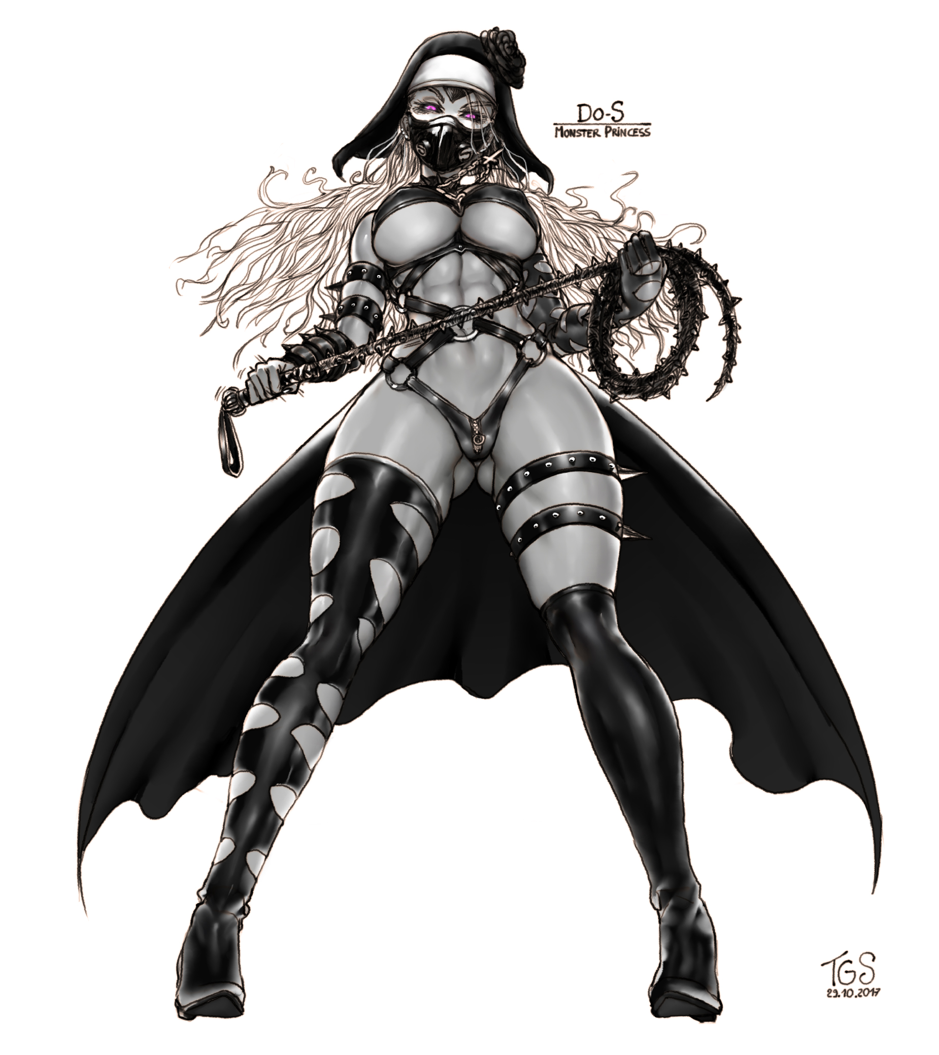 1girls, 2017, abs, ass visible through thighs, bondage, boots, breasts, bursting breasts, female, female only, femdom, high heel boots, high heels, huge breasts, kaijin hime do-s, leather boots, looking at viewer, nun, one-punch man, pink eyes, solo, thegoldensmurf, thick thighs, thigh boots, thigh highs, thighhighs, thighs, tugging whip, weapon, whip