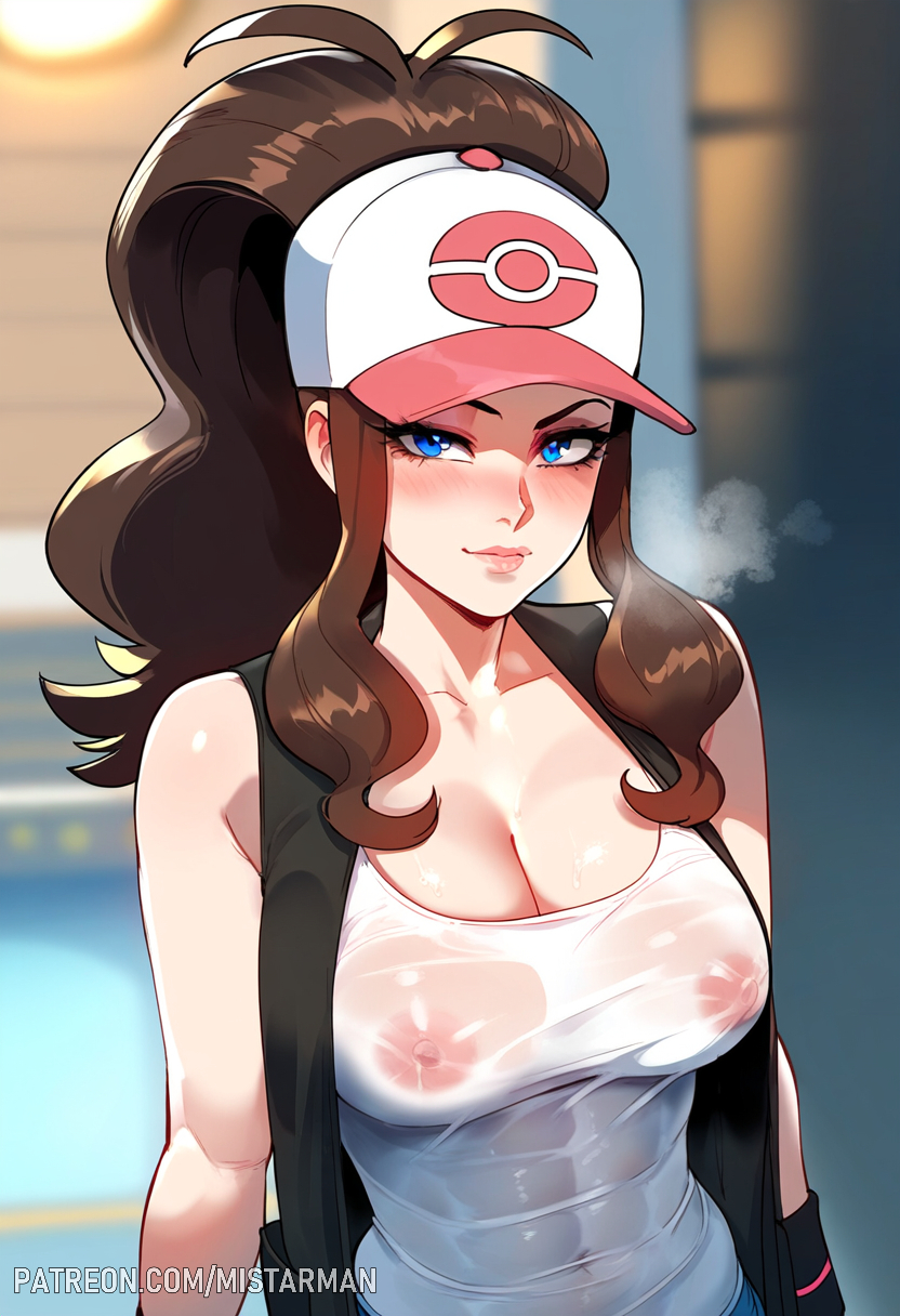 ai_generated bare_arms bare_legs bare_shoulders bare_thighs big_breasts blue_eyes brown_hair color game_freak hat hi_res hilda_(pokemon) large_breasts light-skinned_female light_skin long_hair looking_at_viewer mistarman nintendo nipples_visible_through_clothing pokemon pokemon_bw pokemon_trainer tagme thick_thighs wet_shirt