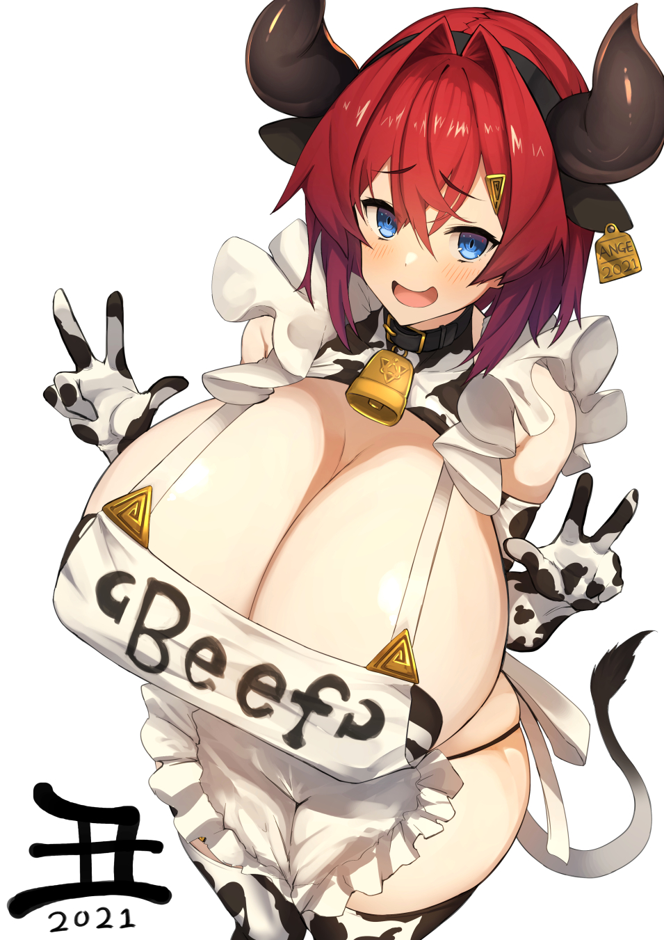 1girls, 2021, alternate version available, ange katrina, apron, bell, bell collar, blue eyes, breasts, cleavage, cow print, cowbell, elbow gloves, female, gloves, horns, huge breasts, nijisanji, nuezou, pasties, red hair, short hair, solo, tail, thick thighs, thighhighs, thong, virtual youtuber, white background, wide hips, year of the ox