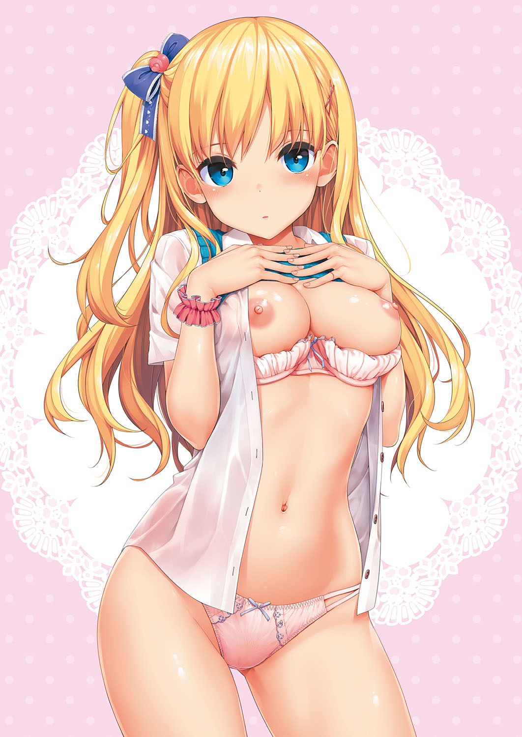 bangs blonde_hair blue_eyes blush bow bow_panties bra bra_pull breast_suppress breasts cleavage clothes_lift comic_exe contrapposto cowboy_shot dress_shirt eyebrows_visible_through_hair female hair_ornament hairbow hairclip hands_on_own_chest highres jewelry large_breasts long_hair looking_at_viewer multi-strapped_panties navel nipples no_pants non-web_source one_side_up open_clothes open_shirt original panties pink_bra pink_panties ring school_uniform shiny shiny_skin shirt short_sleeves simple_background solo standing stomach string_panties sweater sweater_lift sweater_vest takayaki underwear white_background wrist_cuffs