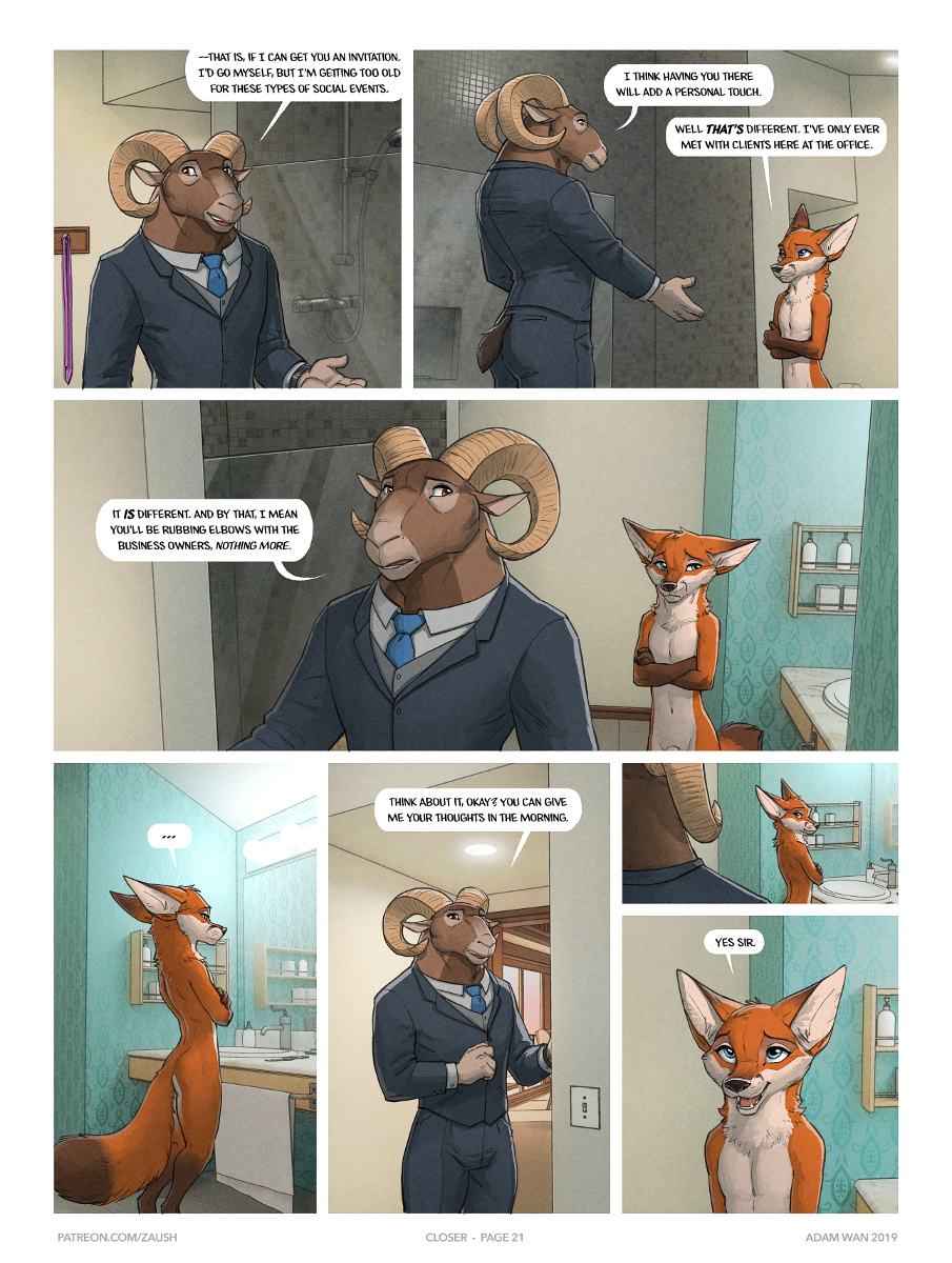 2019 adam_wan animal_genitalia anthro blue_eyes bovid canid canine caprine closer_(zaush) clothed clothing comic dialogue duo english_text fox fully_clothed fully_sheathed fur gay hi_res horn inside jayden_coultier_(zaush) larger_male male male_only mammal nude orange_fur page_21 page_number sheath size_difference smaller_male suit text unprofessional_behavior url yaoi zaush