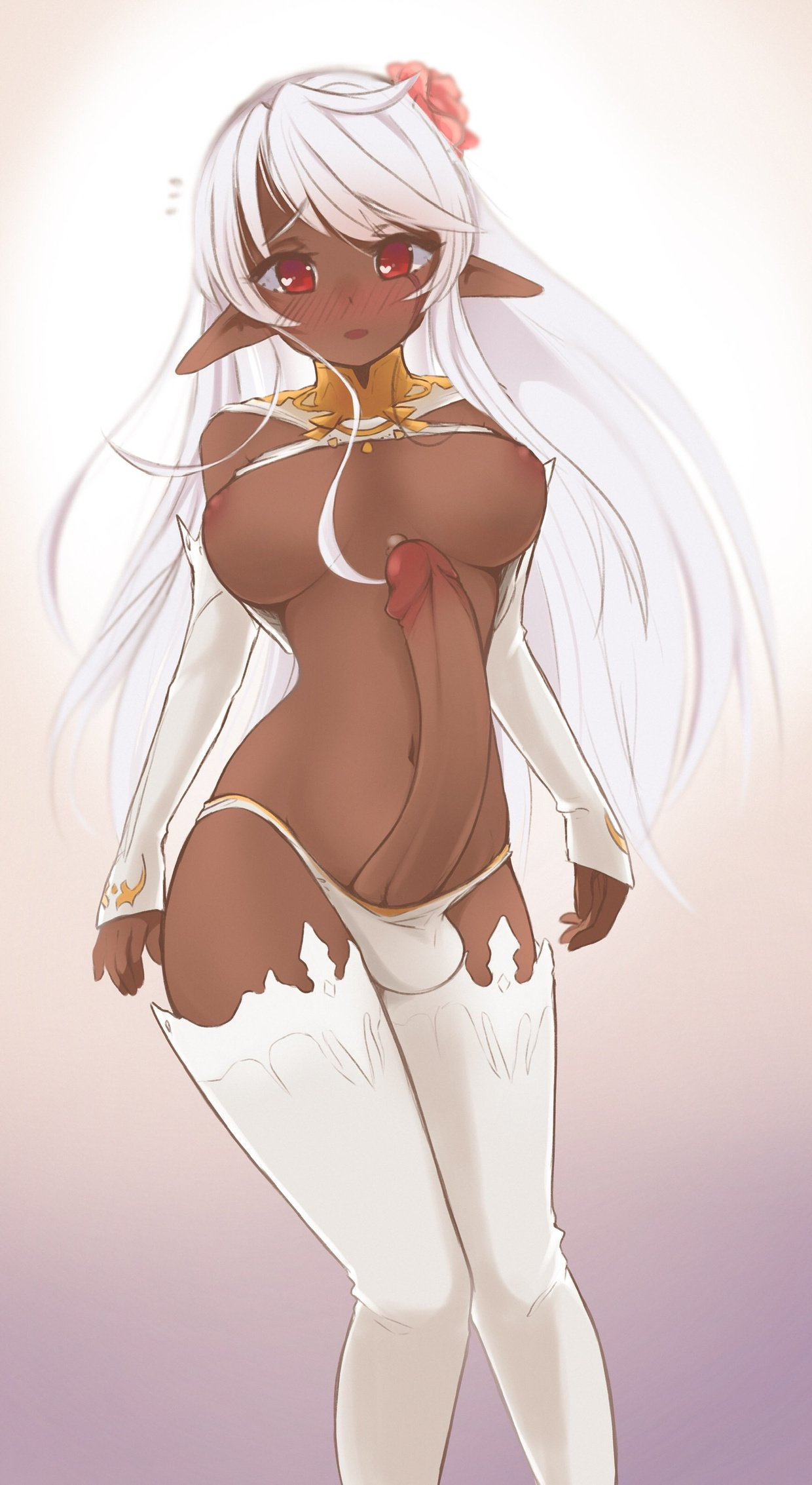 1futa, areolae, balls, balls in panties, big penis, blush, blushing, breasts, claire lanquairt, collar, dark skin, dark-skinned futa, dickgirl, elezen, elf, erection, final fantasy xiv, futa only, futanari, hair ornament, intersex, long hair, looking at viewer, nipples, penis, poduu, precum, precum bubble, red eyes, solo, solo futa, thighhighs, white hair