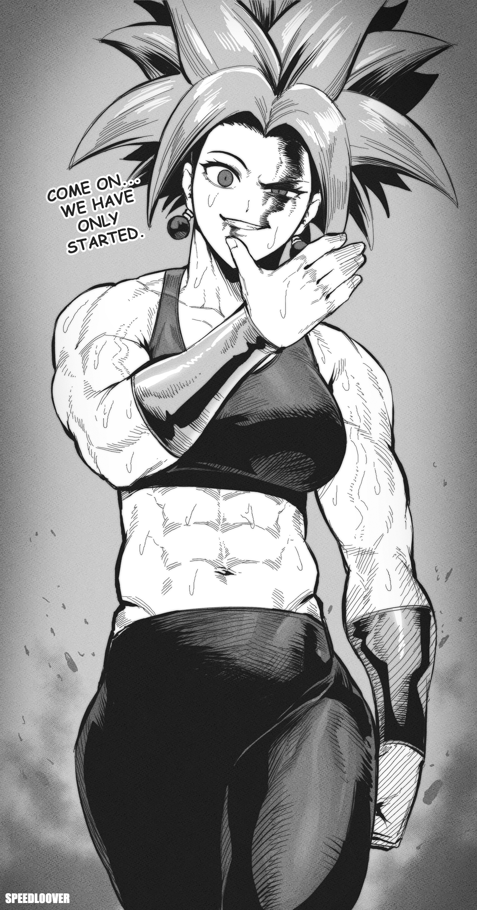 1girls, abs, big breasts, blood, breasts, clothed, clothing, dragon ball, dragon ball super, english text, female, female focus, female only, fit, fit female, hi res, kefla, large breasts, long hair, muscles, muscular, muscular arms, muscular female, muscular legs, muscular thighs, solo, solo female, speedl00ver, sweat, tagme, text, thick thighs