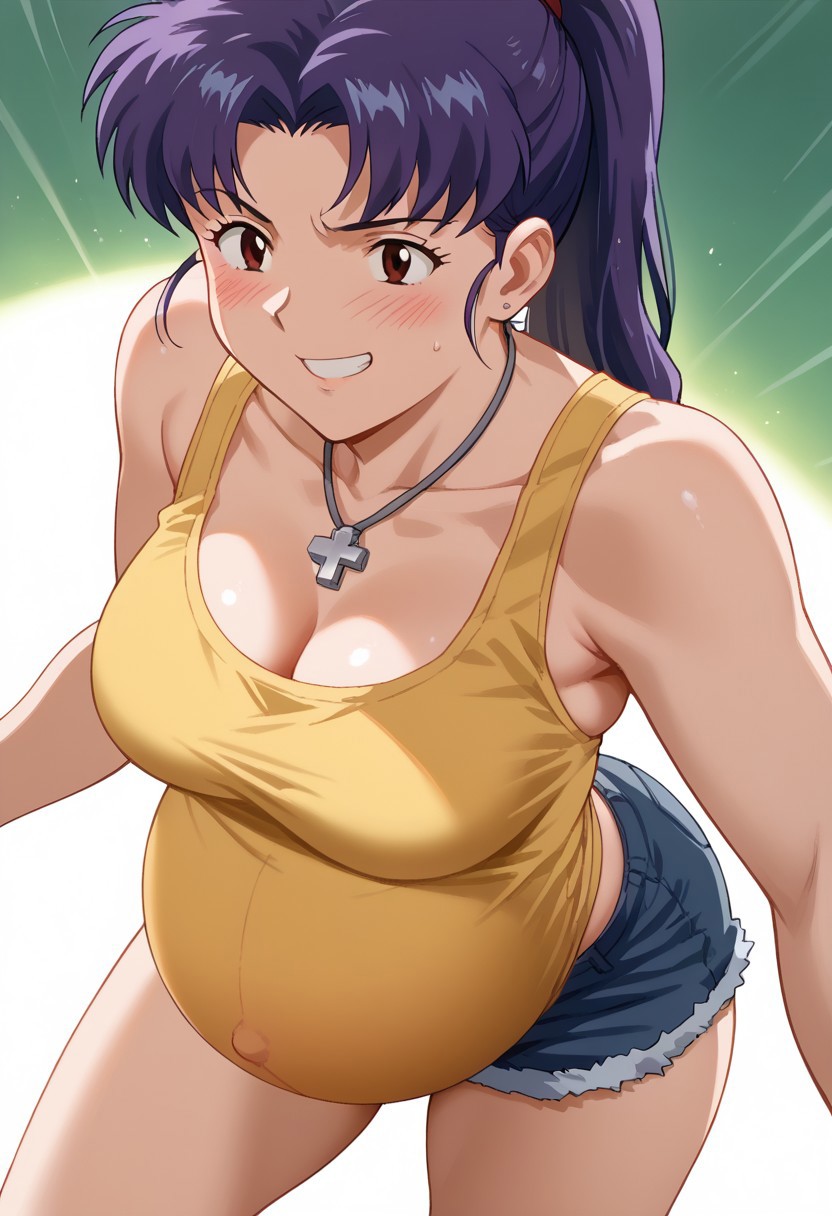 ai_generated big_belly big_breasts cleavage jean_shorts misato_katsuragi neon_genesis_evangelion pregnancy pregnant pregnant_belly purple_hair ready_to_pop yellow_tank_top