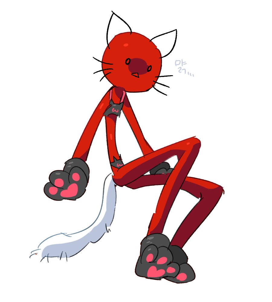 alan_becker anthro blush bra cat_costume cat_ears cat_paws cat_stockings cat_tail circle_head confused confusion flat_chest humanoid korean_text no_humans not_furry panties paw_gloves red_(avm) red_body red_skin shocked shocked_expression simple_background skinny stickman white_background white_fur