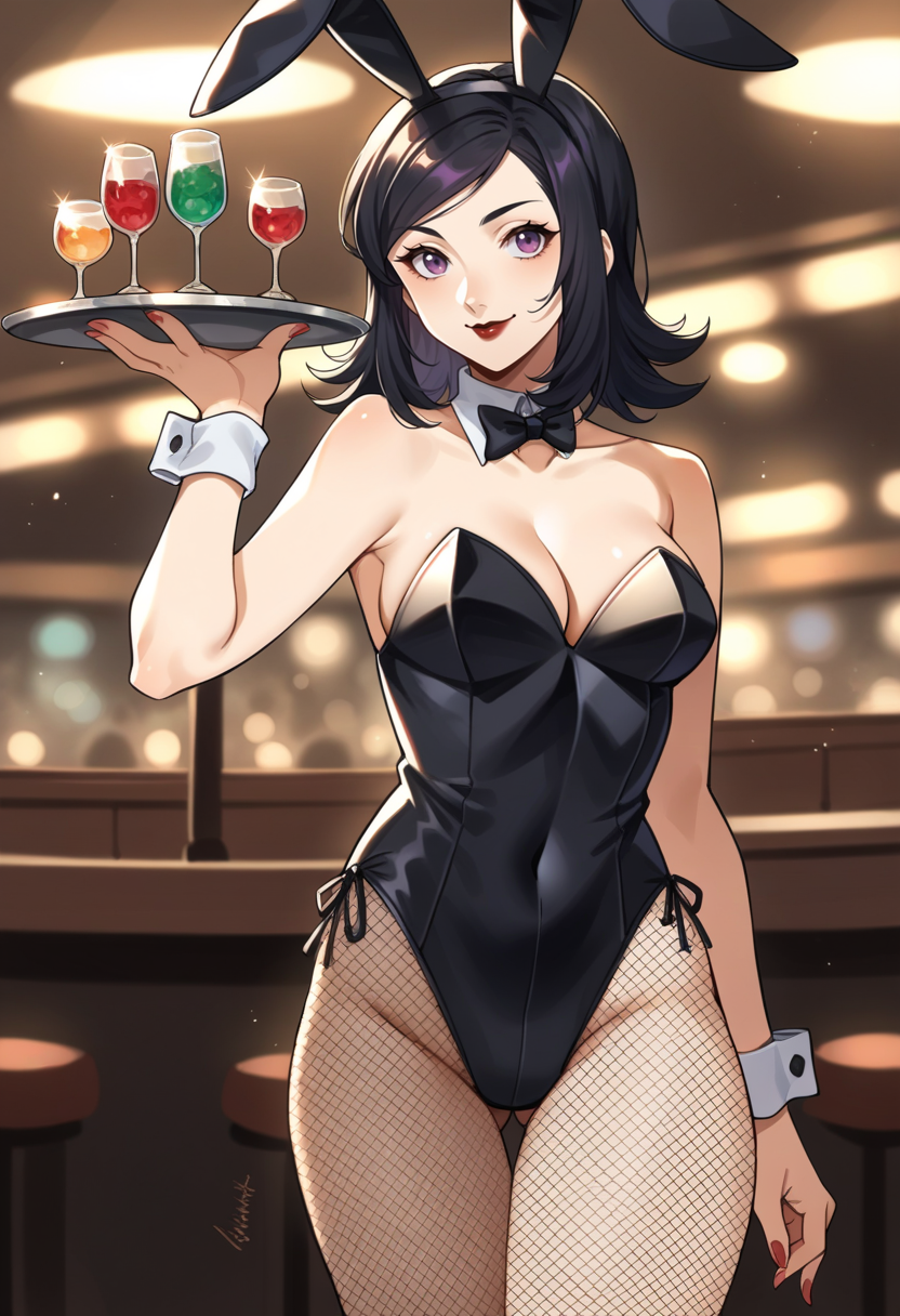 ai_generated black_hair bunny_ears bunny_girl bunnysuit curvy_female female maya_amano persona persona_2_eternal_punishment persona_2_innocent_sin smile violet_eyes