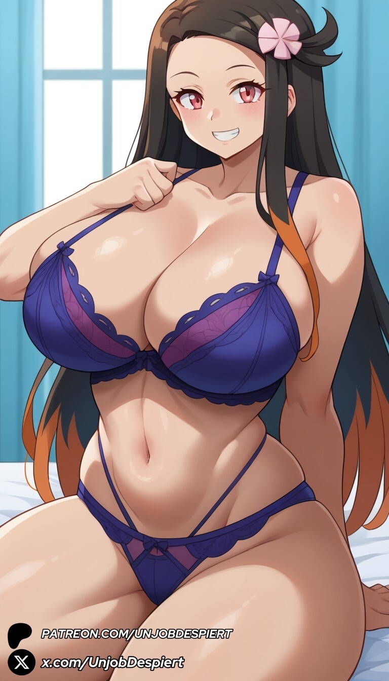 1girls ai_generated alternate_breast_size bare_shoulders black_hair blue_bra blue_panties blush bra breasts brown_hair cleavage collarbone curtains forehead gradient_hair grin hair_ornament hair_ribbon highleg huge_breasts indoors large_breasts lingerie long_hair looking_at_viewer multicolored_hair navel nezuko_kamado orange_hair panties patreon_username pink_eyes ribbon sitting skindentation smile solo thick_thighs thighs underwear underwear_only unjobdespiert watermark web_address window