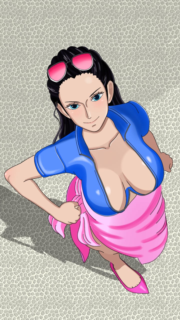 big_areola big_breasts big_nipples black_hair blue_eyes female female_only from_below huge_breasts looking_at_viewer milf nico_robin one_piece pink_eyes pov sarong smile smiling sunglasses war_master_117