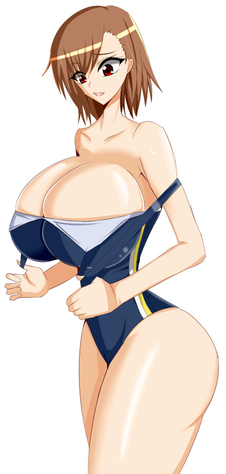 1girl 1girls aged_up alternate_breast_size alternate_eye_color arinosu asymmetrical_bangs asymmetrical_hair bare_arms bare_hips bare_shoulders blue_one-piece_swimsuit breasts breasts_bigger_than_head brown_hair cleavage clothes_pull commentary_request competition_swimsuit cowboy_shot curvy female female_only gigantic_breasts hair_between_eyes human human_only medium_hair misaka_mikoto narrow_waist one-piece_swimsuit one-piece_swimsuit_pull open_mouth red_eyes simple_background solo swimsuit thick_thighs thighs to_aru_kagaku_no_railgun to_aru_majutsu_no_index toaru_kagaku_no_railgun toaru_majutsu_no_index undersized_clothes white_background