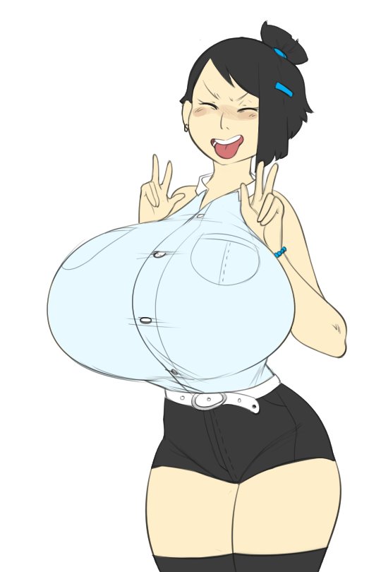 2017, ahe gao, black hair, blue shirt, breasts, bulumble-bee, female, huge breasts, mizuki (bulumble-bee), short shorts, top heavy