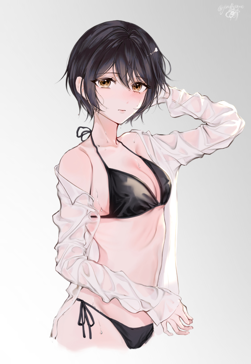 bikini blush breasts d4dj giraffe_three miyake_aoi shirt small_breasts swimsuit watermark wet