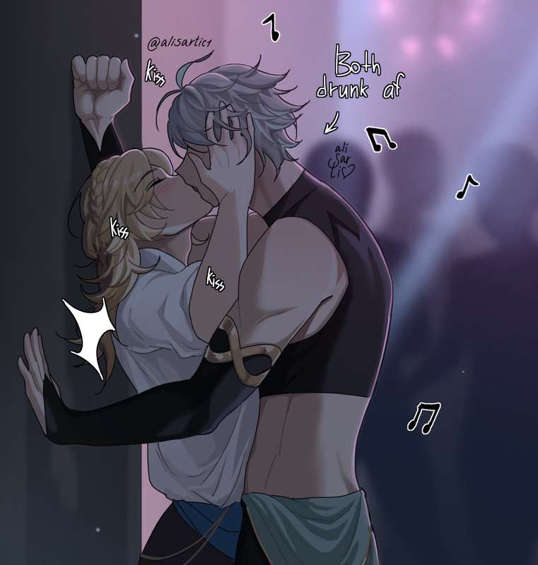 2boys 2males against_wall alhaitham_(genshin_impact) alisartic1 blonde_hair blurry_background club drunk gay gay_sex genshin_impact grey_hair kaveh_(genshin_impact) kissing making_out moans music night party yaoi