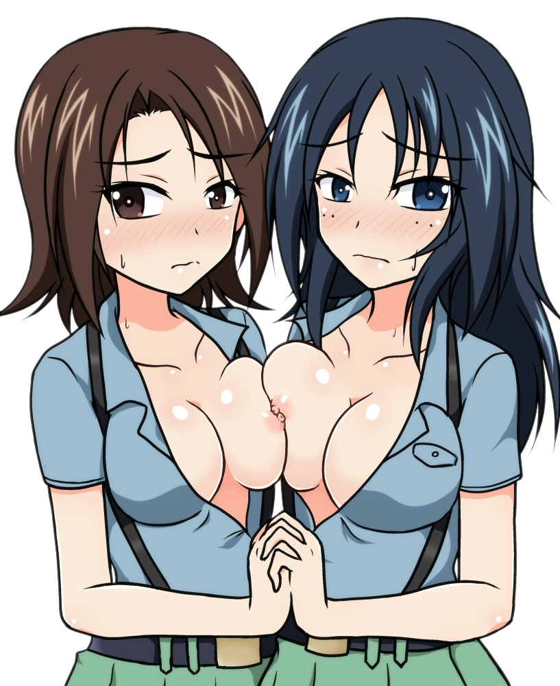 2girls aoshidan_school_uniform black_hair blue_eyes blue_jacket blush breast_press breasts brown_eyes brown_hair cleavage closed_mouth collarbone eyebrows_visible_through_hair freckles girls_und_panzer green_skirt holding_hands izumi_(izumi_p) jacket large_breasts long_hair looking_at_viewer multiple_girls nipples nipples_touching no_bra one_breast_out sawa_azusa school_uniform shiny shiny_hair shiny_skin short_hair simple_background skirt symmetrical_docking white_background yamagou_ayumi