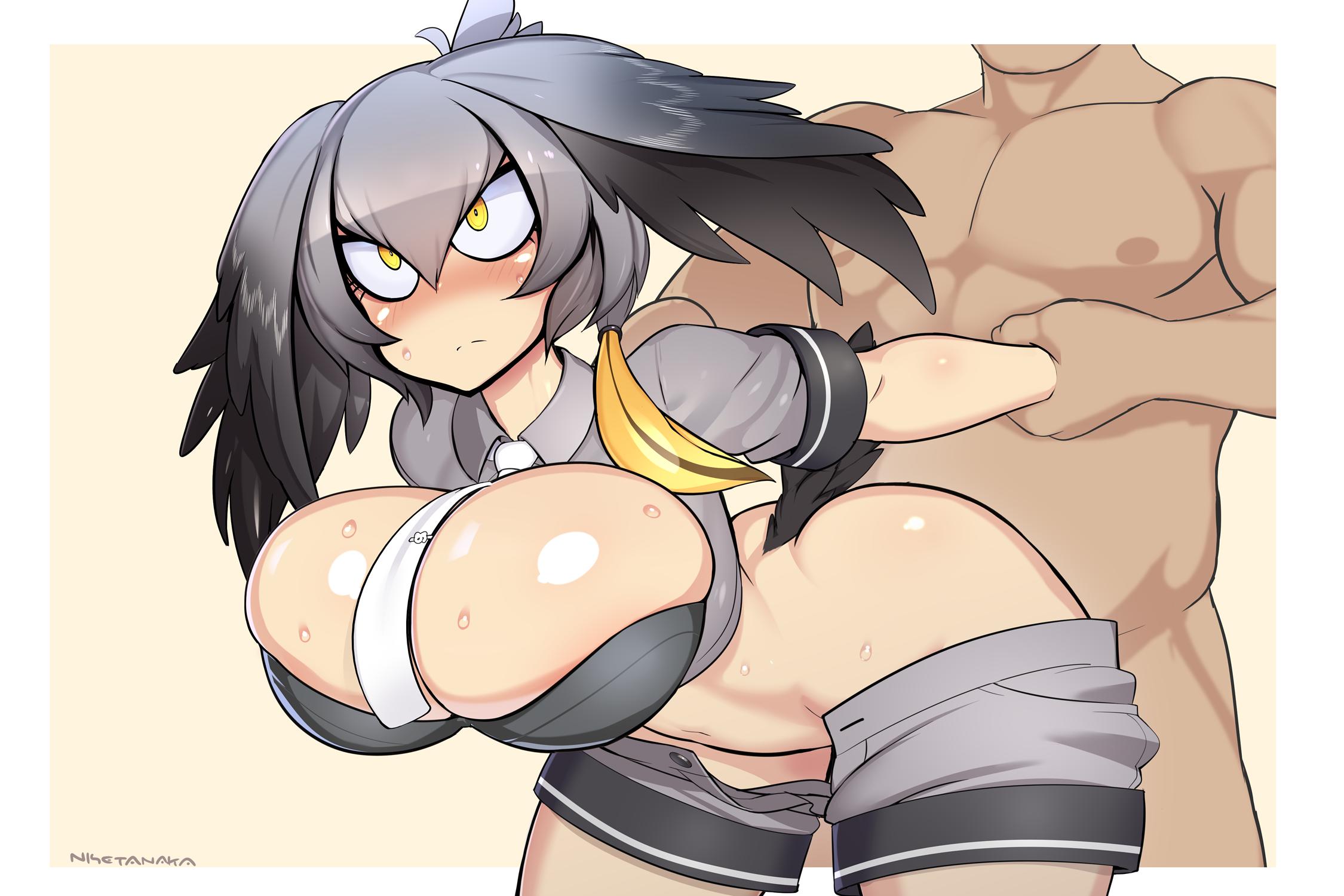 1boy, 1girls, bent over, big breasts, blush, breasts, cleavage, female, from behind, kemono friends, large breasts, male, nisetanaka, nisetanaqa, rape, sex, shoebill (kemono friends), straight