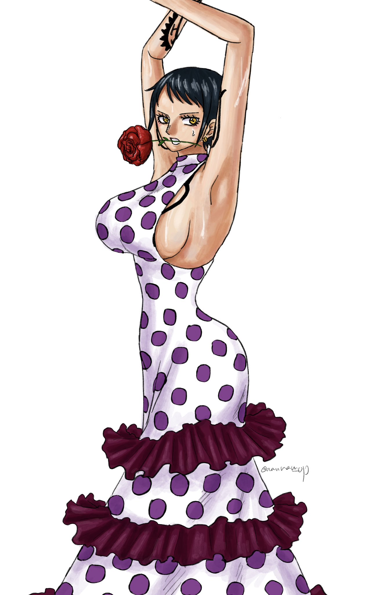 1girls arm_tattoo armpits arms_up black_hair breast_tattoo breasts cosplay dress earrings female female_only flower flower_in_mouth frilled_dress frills genderswap_(mtf) jewelry large_breasts long_dress mouth_hold namnam_op one_piece red_flower red_rose rose rule_63 short_hair shoulder_tattoo sideboob simple_background sweatdrop tattoo teeth thighs trafalgar_law trafalgar_law_(female) turtleneck turtleneck_dress viola_(one_piece) viola_(one_piece)_(cosplay) white_background yellow_eyes