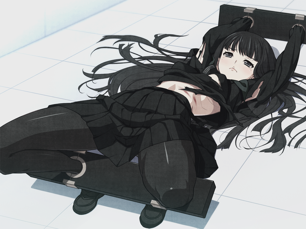 1girls black_eyes black_footwear black_hair black_pantyhose black_sailor_collar black_serafuku black_shirt black_skirt bondage bondage bound breasts byakuya_rinne euphoria_(clockup) female female female_only game_cg hamashima_shigeo long_hair long_sleeves non-web_source official_art pantyhose pleated_skirt restrained sailor_collar school_uniform serafuku shirt shoes skirt solo solo_female stocks tears torn_clothes triple_horizontal_stripe whip_marks