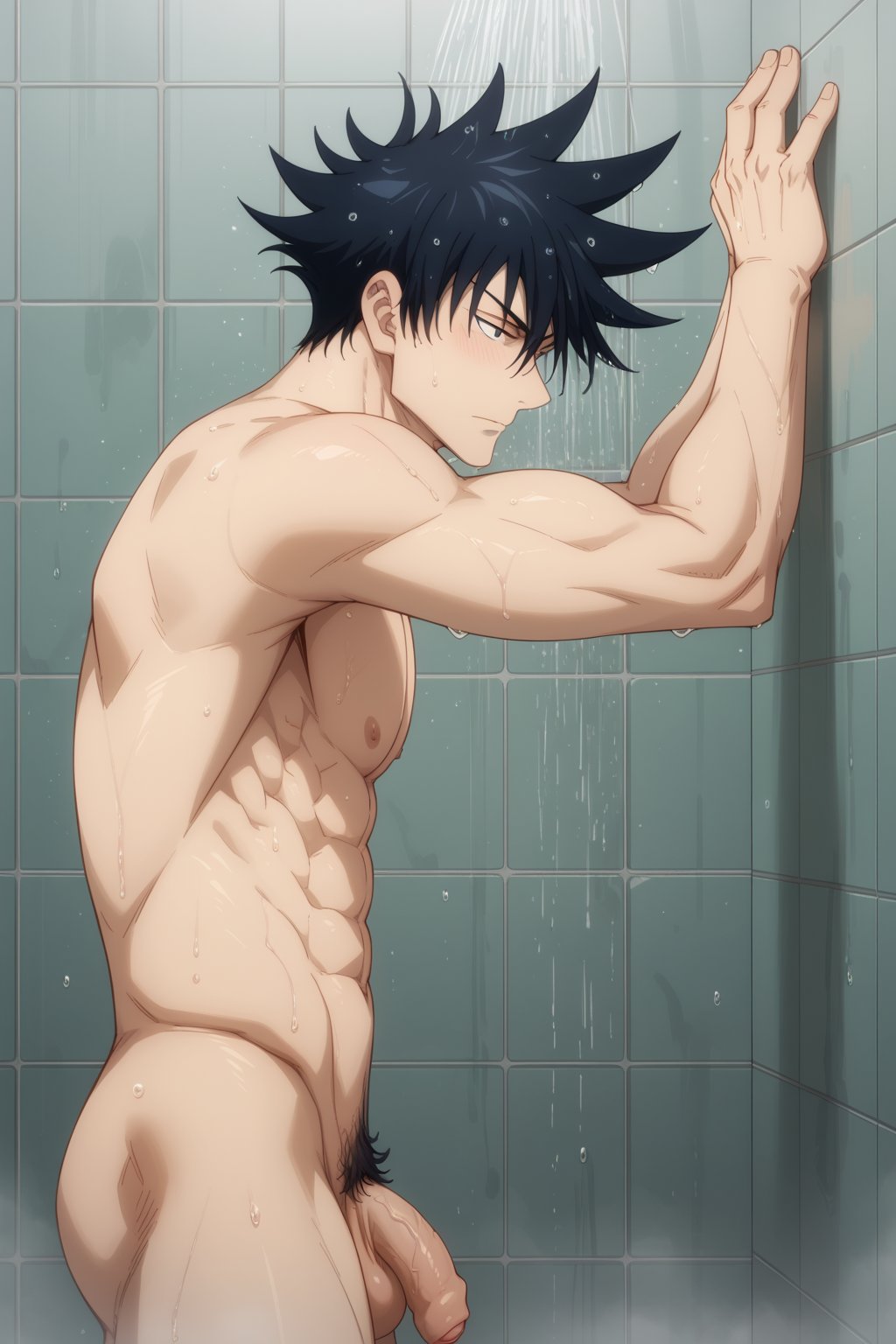 1boy abs ai_generated another_megumi ass bangs bara black_hair blush closed_mouth completely_nude erection flaccid fushiguro_megumi jujutsu_kaisen large_pectorals male_focus male_pubic_hair muscular muscular_male navel nipples nude pectorals penis pubic_hair short_hair shower_(place) showering solo spiked_hair testicles thighs tile_wall uncensored wet