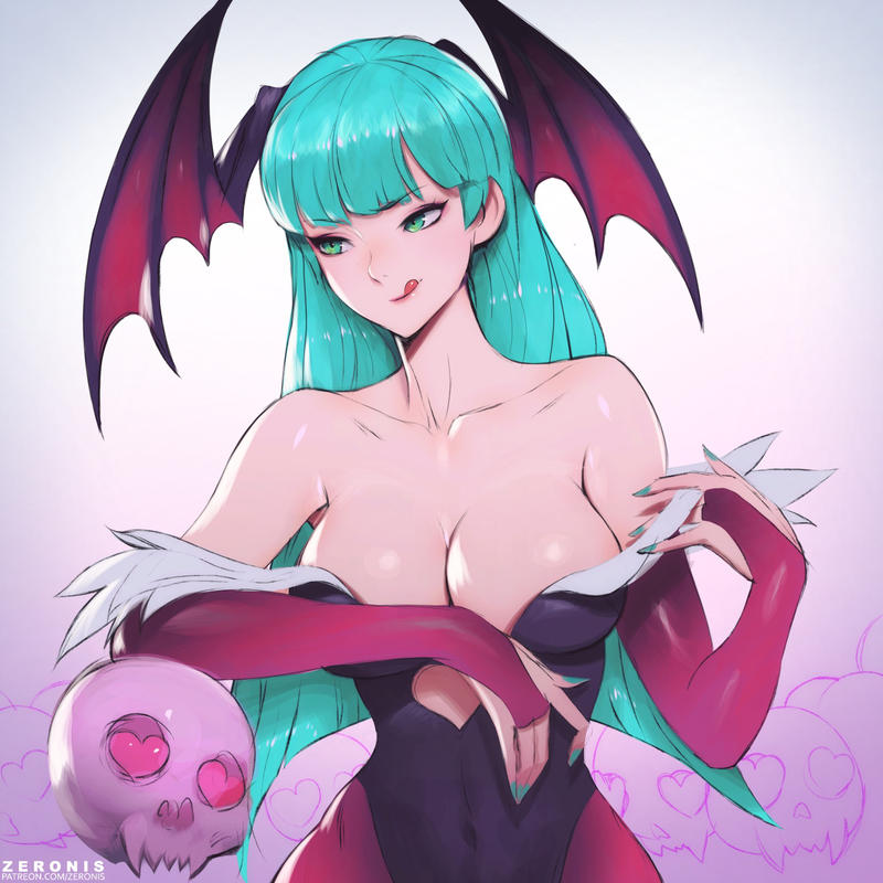 1girls aqua_eyes aqua_hair aqua_nails bare_shoulders breasts capcom cleavage clothing darkstalkers elbow_gloves female female_only large_breasts licking long_hair medium_breasts morrigan_aensland nail_polish navel solo succubus zeronis