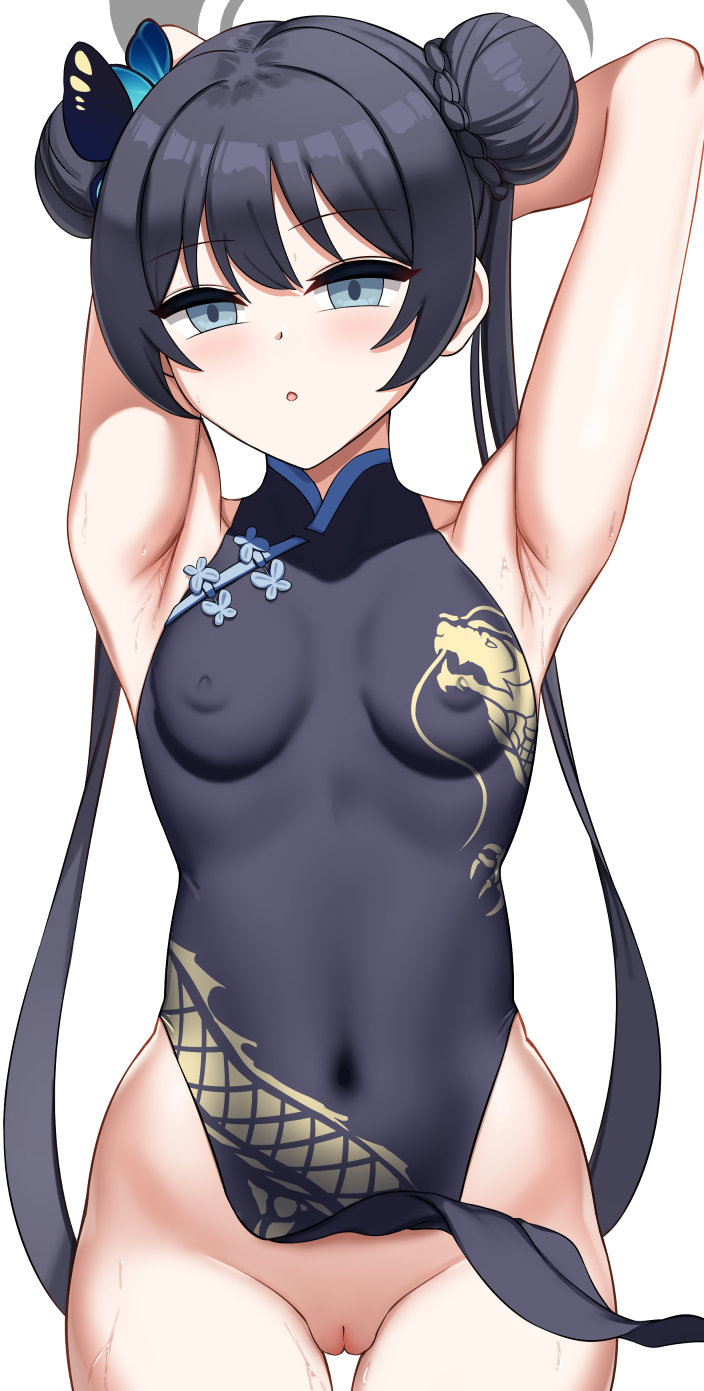 armpits arms_behind_head black_dress black_hair blue_archive breasts butterfly_hair_ornament china_dress chinese_clothes cleft_of_venus clothes_lift covered_navel covered_nipples cowboy_shot dantes_ward double_bun dragon_print dress female grey_halo hair_bun hair_ornament halo highres kisaki_(blue_archive) long_hair open_mouth pelvic_curtain pelvic_curtain_lift pussy simple_background sleeveless sleeveless_dress small_breasts solo very_long_hair white_background