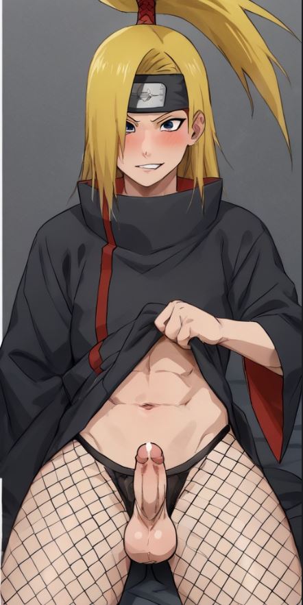 1boy ai_generated akatsuki_(naruto) big_butt blue_eyes cock deidara femboy fishnets male_focus male_only naruto naruto_shippuden panties presenting thick_thighs yaoi