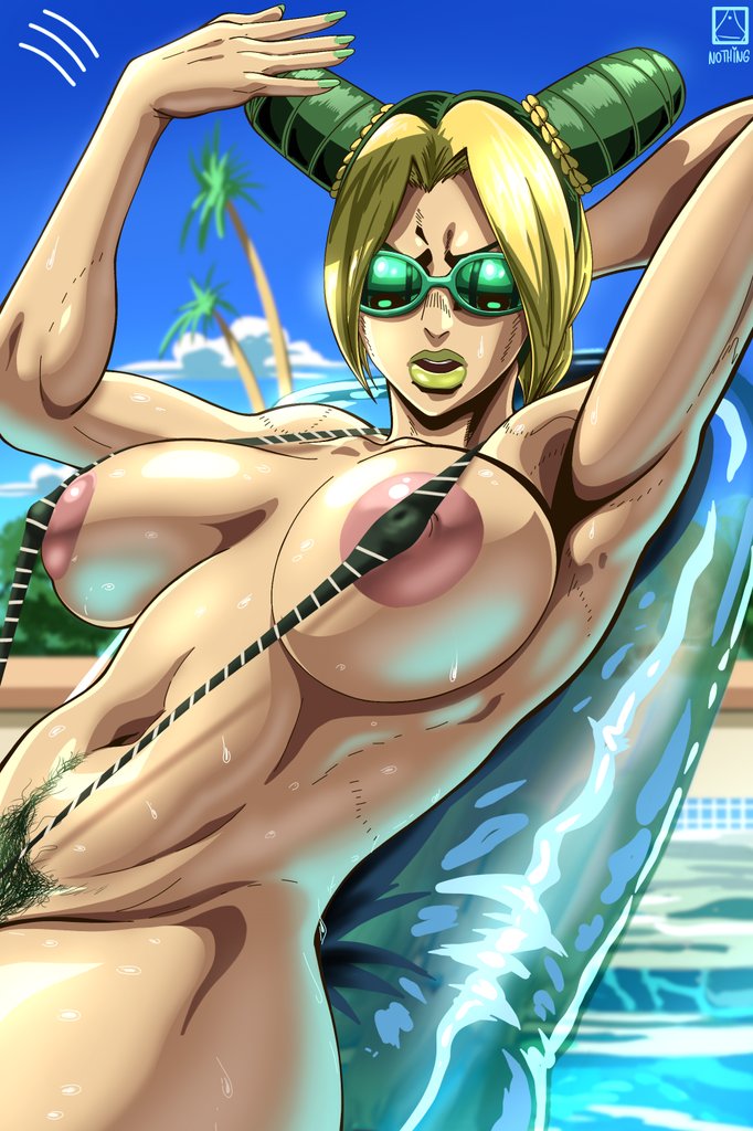 annoyed annoyed_expression areolae background bangs barely_clothed blonde_hair braid braided_hair bushy_pubes detailed_background green_hair green_lipstick green_makeup green_nails green_sunglasses hair_bun jojo's_bizarre_adventure jolyne_kujo large_breasts large_thighs mostly_nude multicolored_hair new_epic_artist nipples nipples_visible_through_clothing pink_nipples pool pubes pubic_hair stone_ocean sunglasses sweat sweatdrop sweating tagme useless_clothing yellow_hair