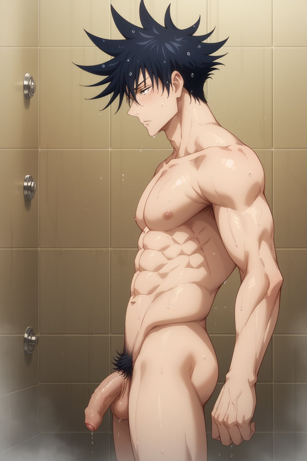 1boy abs ai_generated another_megumi ass bangs bara black_hair blush closed_mouth completely_nude erection flaccid fushiguro_megumi jujutsu_kaisen large_pectorals male_focus male_pubic_hair muscular muscular_male navel nipples nude pectorals penis pubic_hair short_hair solo spiked_hair standing testicles thighs toned toned_male uncensored wet