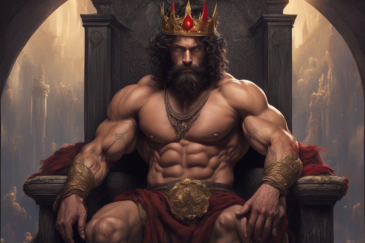 ai_generated beard king male_only necklace ruby_(gem) throne