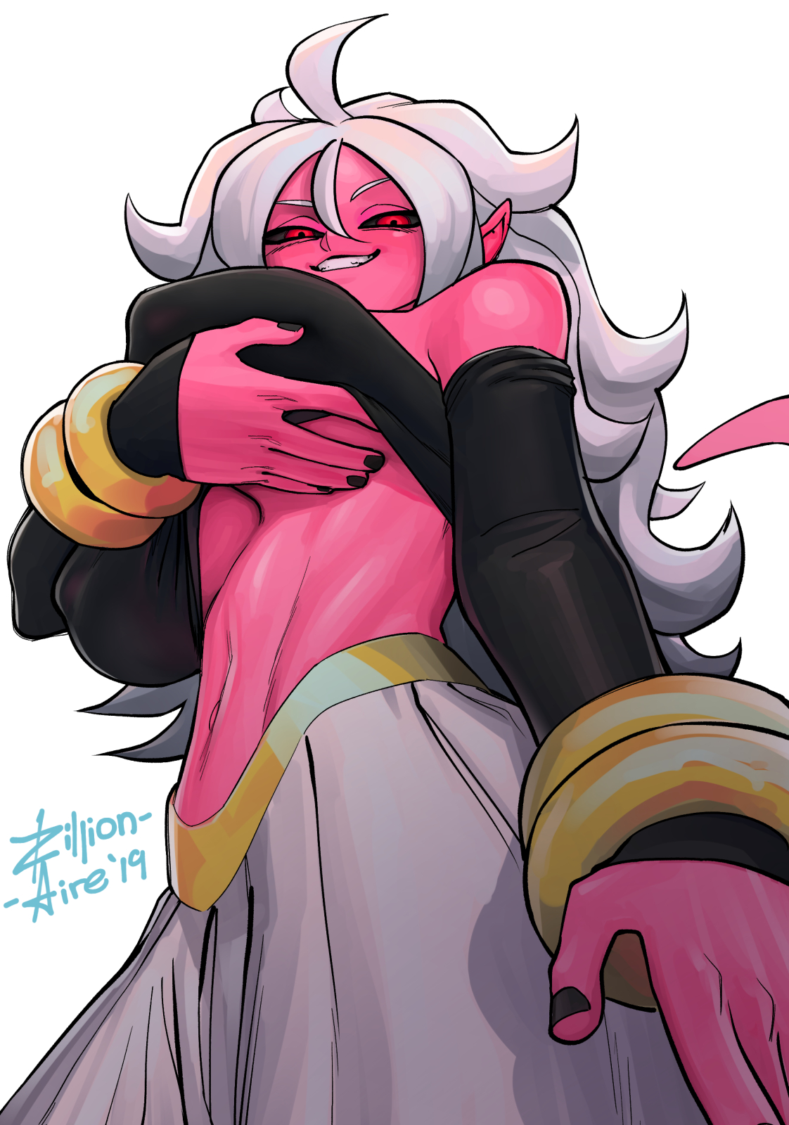 1girls, 2010s, android 21, black sclera, blush, breasts, clothed, dark persona, dragon ball, dragon ball fighterz, female, female only, high resolution, huge breasts, humanoid, long hair, looking at viewer, looking down, majin, majin android 21, monster girl, nipples, pink skin, pointy ears, red eyes, simple background, smile, solo, tail, underboob, white background, white hair, zillionaire
