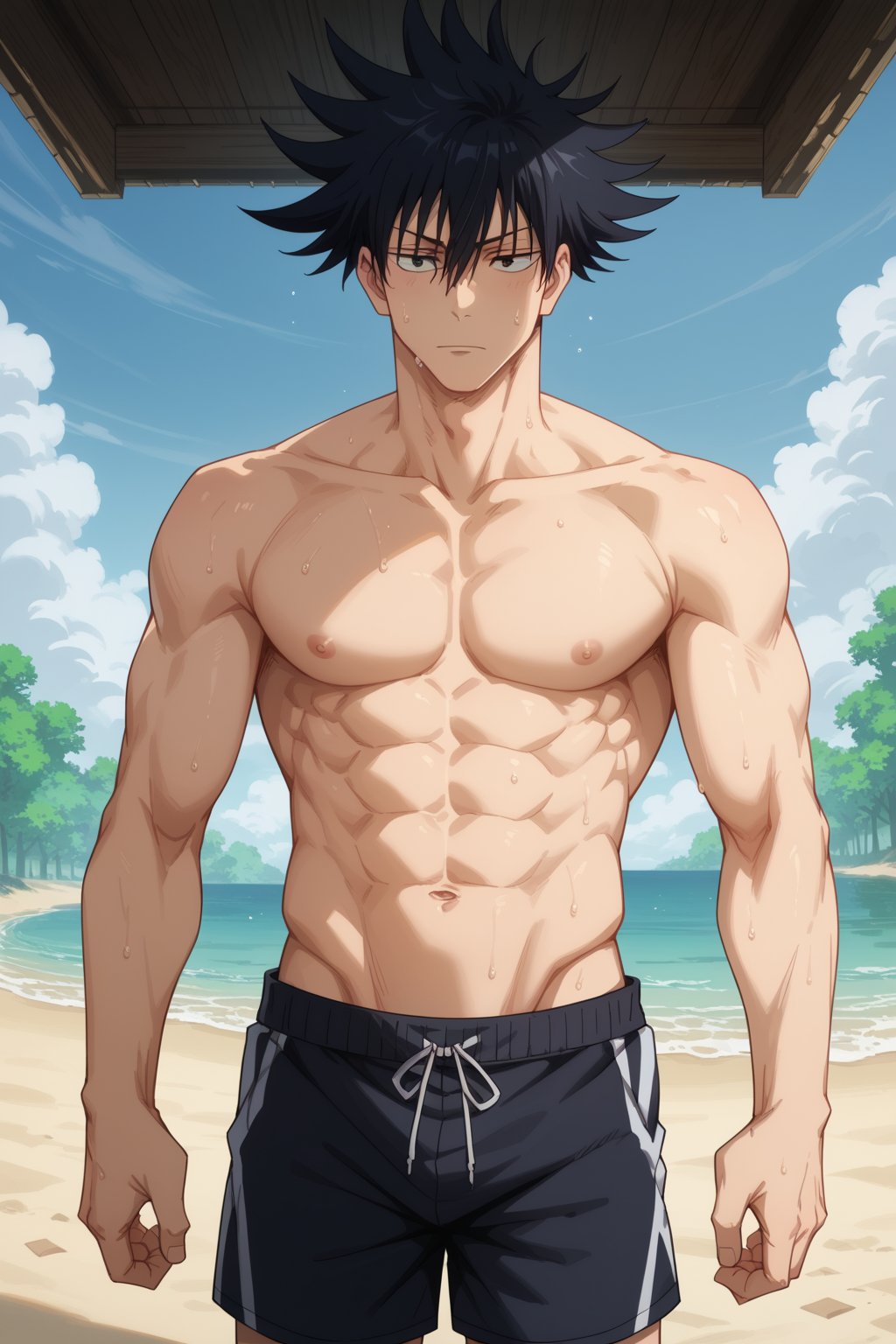 1boy abs ai_generated another_megumi bangs bara beach black_eyes black_hair black_shorts closed_mouth cloud cowboy_shot day fushiguro_megumi hair_between_eyes jujutsu_kaisen large_pectorals looking_at_viewer male_focus male_swimwear muscular muscular_male navel nipples outdoors pectorals sand short_hair shorts sky solo spiked_hair sweat swim_trunks topless_male