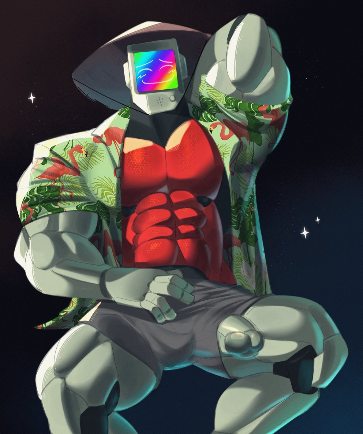 bara big_penis big_thighs bulge bulge_through_clothing dymitr3 male male_only metal_penis momo_(stray) muscles muscular_arms muscular_male muscular_thighs pecs penis robot robot_humanoid screen_face shy stray_(video_game)