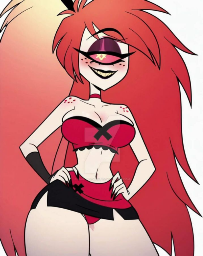 ai_generated blush bubble_butt cherri_bomb_(hazbin_hotel) cyclops fluffy_hair freckles_on_face freckles_on_shoulders hands_on_hips hazbin_hotel one_eye pink_hair sharp_teeth short_skirt simple_background skirt thick_thighs