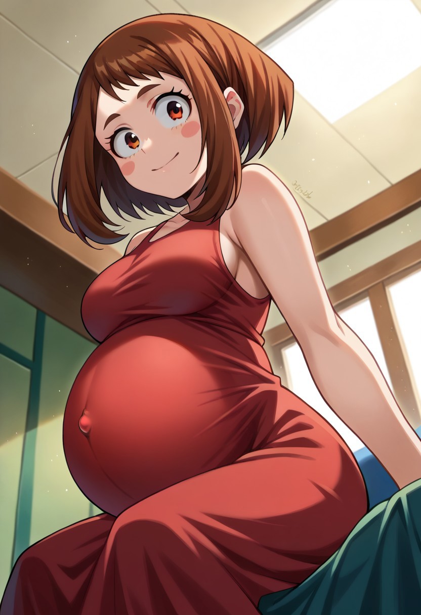 ai_generated big_belly big_breasts my_hero_academia ochako_uraraka pregnancy pregnant pregnant_belly pregnant_with_multiples pregnant_with_twins ready_to_pop red_dress