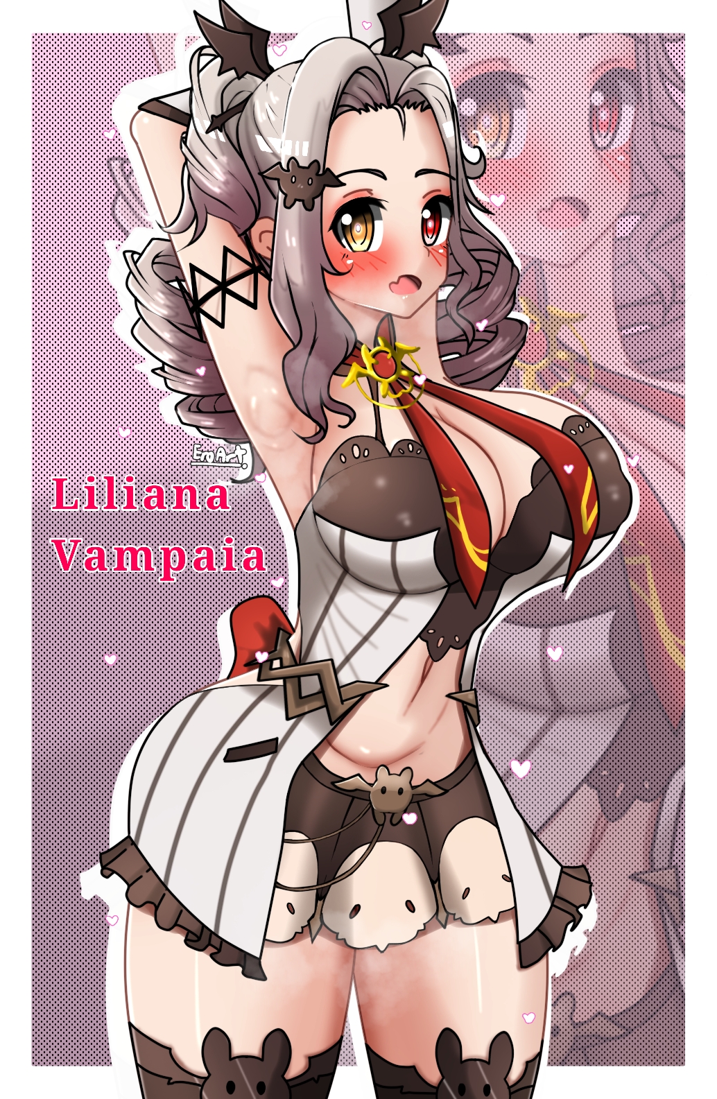 arms_behind_head arms_up belly_button big_breasts blush ero_art_oa grey_hair hairpin heterochromia liliana_vampaia midriff myholotv navel red_eyes skin_fang tagme thick_thighs twin_drills vampire_girl virtual_youtuber yellow_eyes