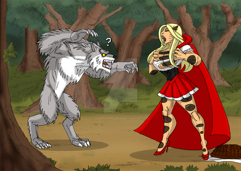 anthro big_ass big_bad_wolf big_breasts blonde_hair brown_fur comic crossdressing curvy fairy_tales forest johnnyharadrim literature little_red_riding_hood male_focus male_only mtf_transformation muscular_male public_domain red_hood tearing_clothes werewolf wolf