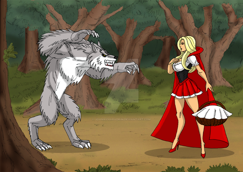 anthro big_ass big_bad_wolf big_breasts blonde_hair comic crossdressing curvy fairy_tales forest johnnyharadrim literature little_red_riding_hood male_focus male_only muscular_male public_domain red_hood wolf