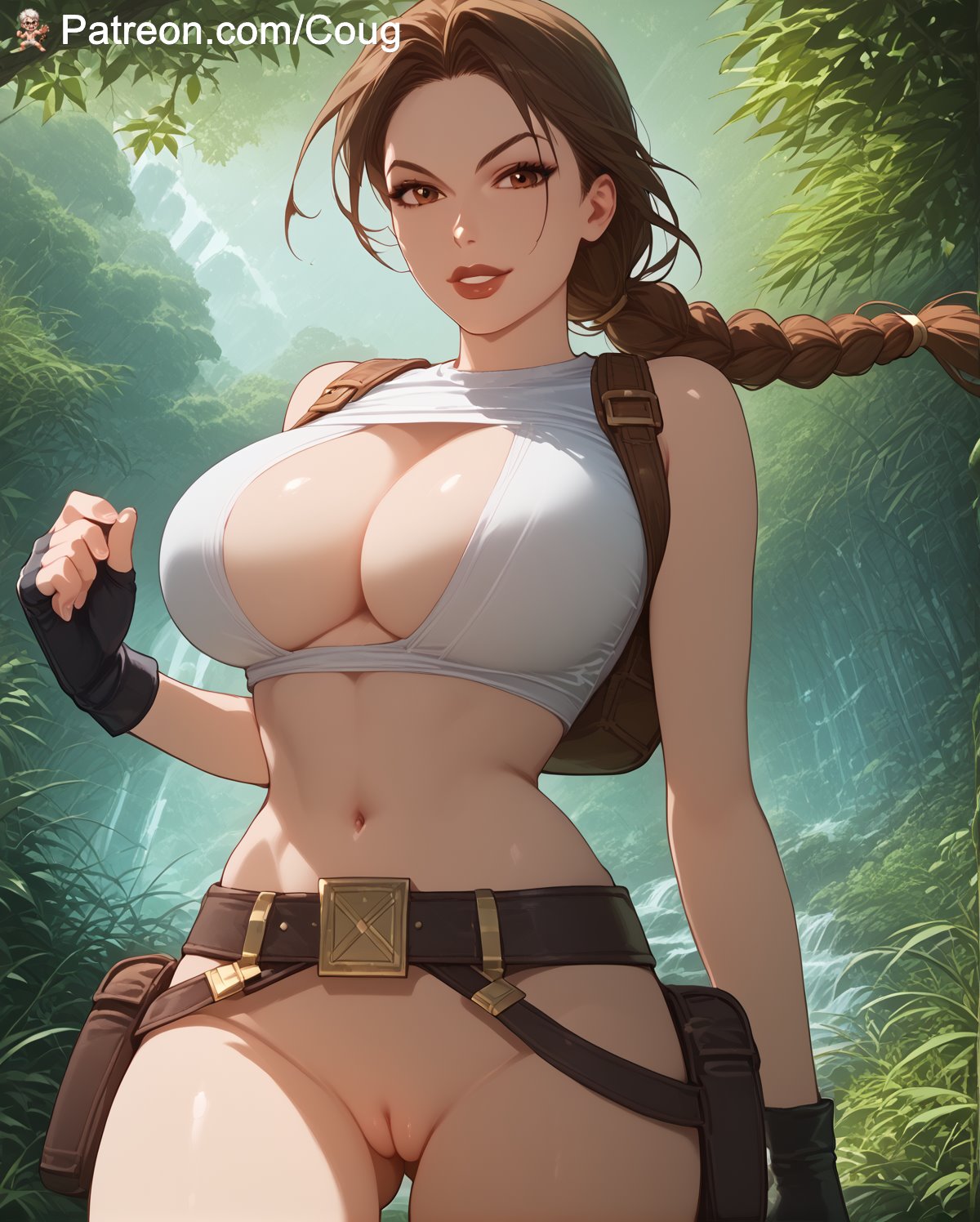 1girls ai_assisted ai_generated belt_buckle big_breasts boob_window bottomless braid cougwe genitals gloves lara_croft netflix outdoor_nudity partially_clothed pussy shaved_pussy smooth_pussy sports_bra stable_diffusion tomb_raider