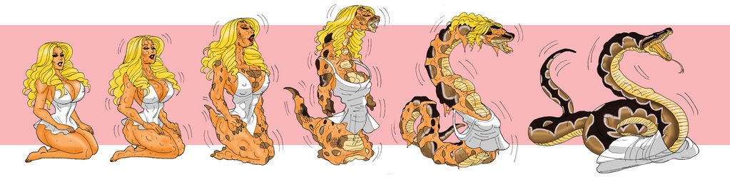 blonde_hair disguise dress johnnyharadrim muscular muscular_female original original_character skinsuit snake tearing_clothes transformation white_dress