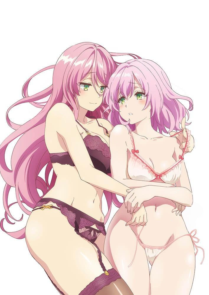 2girls age_difference assisted_exposure big_breasts blush bra cleavage flare_arlgrande_jioral green_eyes kaifuku_jutsushi_no_yarinaoshi lingerie long_hair looking_each_other navel norn_clatalissa_jioral official_art official_artist panties pink_hair princess redo_of_healer short_hair siblings sisters small_breasts suspicious thighs undressing undressing_another young younger_female