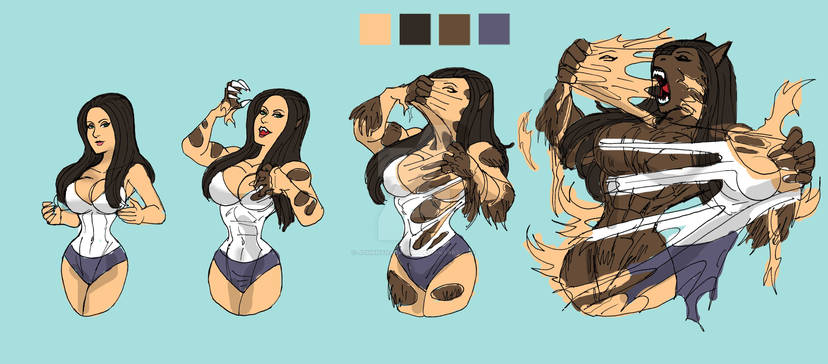 black_hair brown_hair disguise johnnyharadrim large_breasts muscular muscular_female original original_character shirt shorts skinsuit tearing_clothes werewolf white_shirt wide_hips