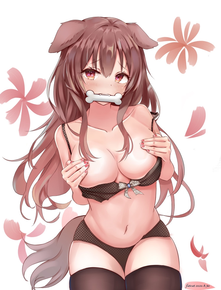 animal ears, artist request, bone, breasts, brown eyes, brown hair, covering, covering breasts, dog ears, dog girl, dog tail, female, hololive, hololive gamers, hololive japan, inugami korone, long hair, mouth hold, tail, thighhighs, virtual youtuber
