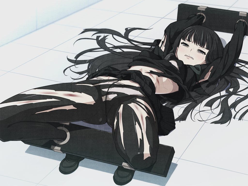 1girls black_eyes black_footwear black_hair black_pantyhose black_sailor_collar black_serafuku black_shirt black_skirt bondage bondage bound breasts byakuya_rinne clenched_teeth euphoria_(clockup) female female female_only game_cg hamashima_shigeo injury long_hair long_sleeves non-web_source official_art panties panties_under_pantyhose pantyhose restrained sailor_collar school_uniform serafuku shirt shoes skirt solo solo_female stocks tears teeth torn_clothes torn_pantyhose torn_shirt underwear whip_marks white_panties