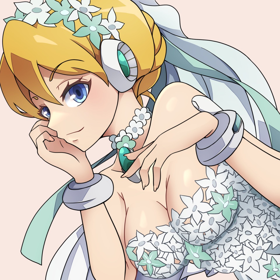 1girls alia big_breasts blonde_hair blue_eyes bridal_alia_(x_dive) female flower_necklace gtmwd jpeg mega_man mega_man_x mega_man_x_dive robot_girl wedding_dress wedding_veil