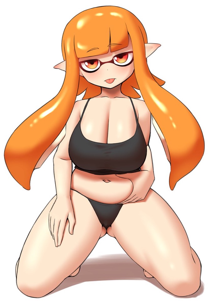 huge_breasts inkling inkling_girl kaori_(splatoon) looking_at_viewer nobunagapero splatoon tentacle_hair tongue_out tummy tummy_grab