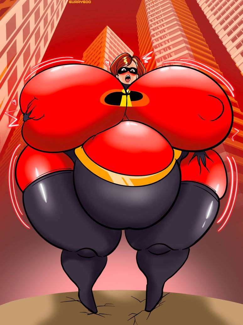 blushing_at_viewer elastigirl expansion groping_self gurrygoo helen_parr hero_outfit huge_belly massive_breasts massive_butt massive_thighs obese pixar the_incredibles weight_gain wide_hips