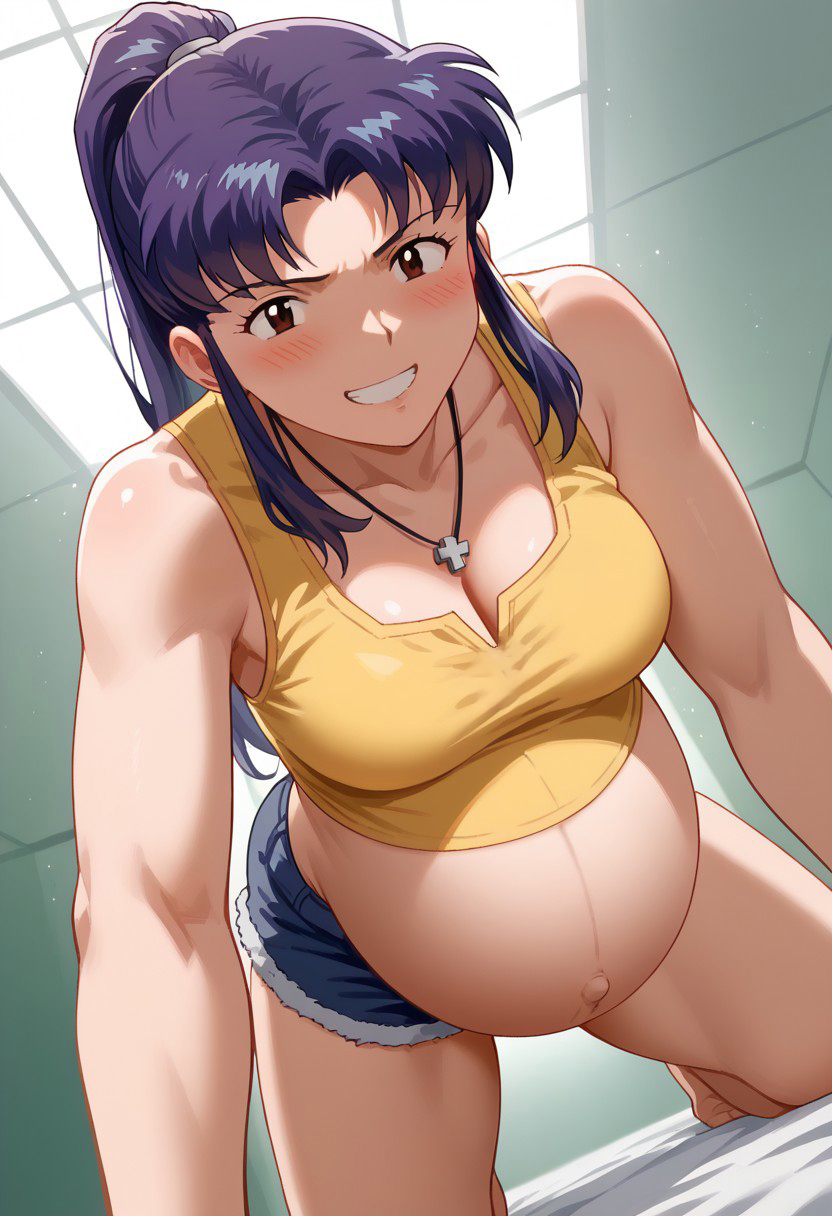 ai_generated big_belly big_breasts breasts cleavage jean_shorts misato_katsuragi neon_genesis_evangelion pregnancy pregnant pregnant_belly purple_hair ready_to_pop yellow_tank_top