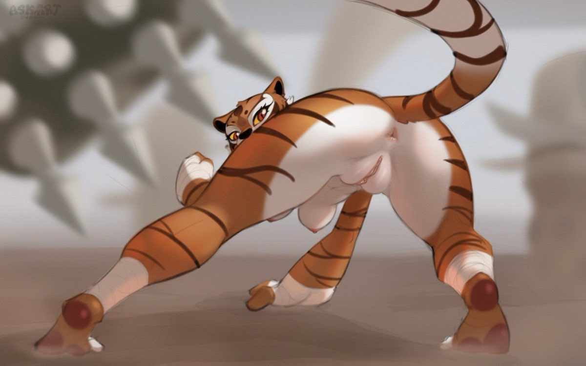 action_pose anthro anus askart ass bent_over dreamworks felid female fist fur genitals hand_wraps kung_fu_panda leg_wraps looking_at_viewer looking_back looking_back_at_viewer mammal master_tigress orange_body orange_fur pantherine plump_labia pose presenting presenting_hindquarters pussy solo striped_body striped_fur stripes tail tiger wraps