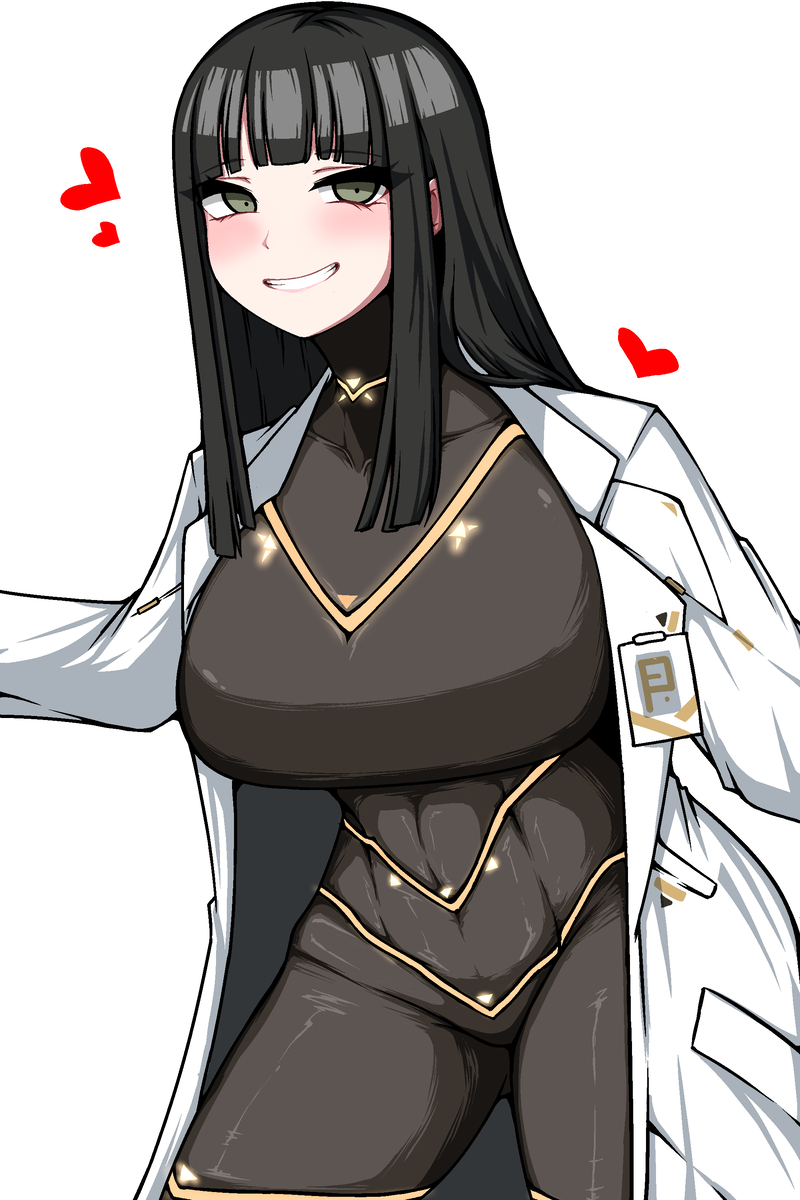 1girls black_hair cesara_(limbus_company) coat female female_focus female_only green_eyes labcoat large_breasts limbus_company long_hair looking_at_viewer project_moon skinsuit smile