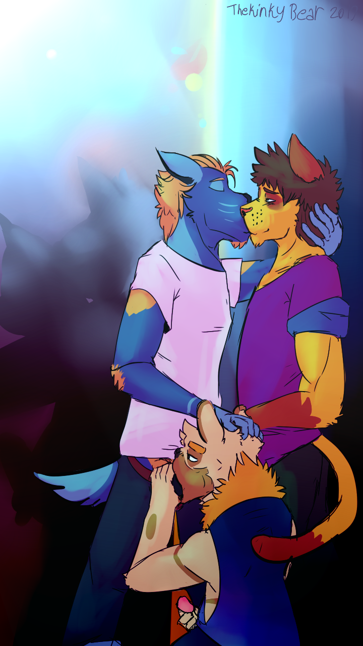 3boys anthro canine clothed clothing domestic_dog felid fellatio fully_clothed furry gay group hi_res humanoid_penis kinky_the_kinky_bear kissing leopard male male_only mammal masturbation oral pantherine penis simple_background text ursid watermark yaoi